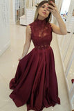 Dark Red High Neck Sleeveless Long Prom Dresses with Lace, A Line Graduation Dress N1576