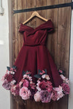 A-Line Off-the-shoulder Burgundy Juniors Short Homecoming Dress with Flowers N1844