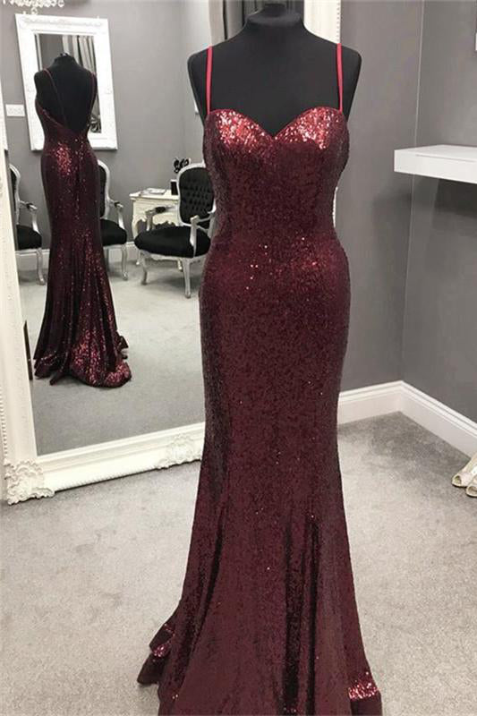 Spaghetti Strap Mermaid Sequined Prom Dress, Sparkly Floor Length Backless Evening Dress