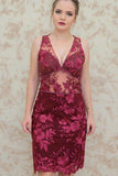 Sheath V Neck Sleeveless Short Homecoming Dresses, Dark Red Lace Short Prom Dress N1801
