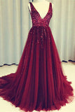 Dark Red V Neck Sleeveless Tulle Prom Dress with Sequins, Long Sequined Evening Dress