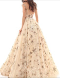 A Line Cap Sleeve Sheer Neck Prom Dress With Gold Stars