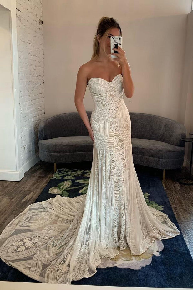 Sweetheart Strapless Mermaid Lace Wedding Dress N029