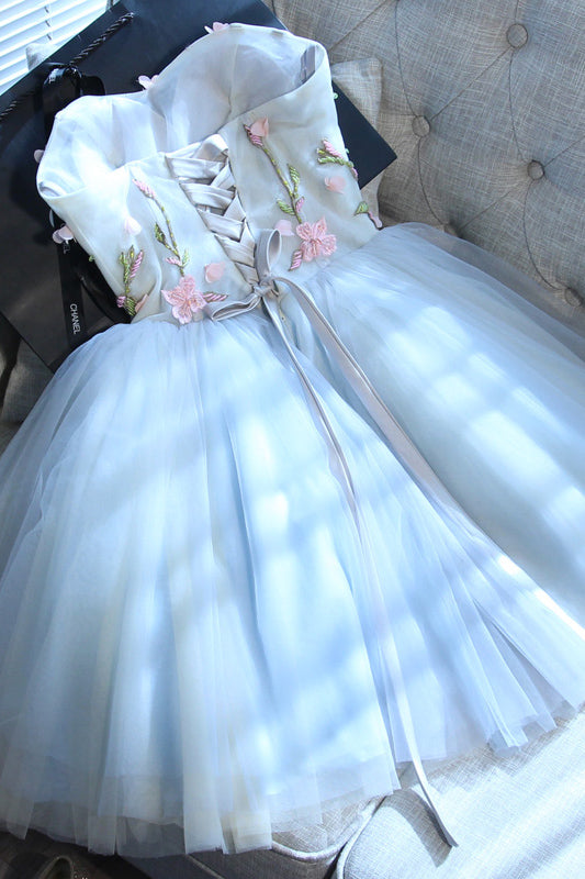 Beautiful Sweetheart Tulle Graduation Dresses with Flower A Line Strapless Cute Homecoming Dresses N916