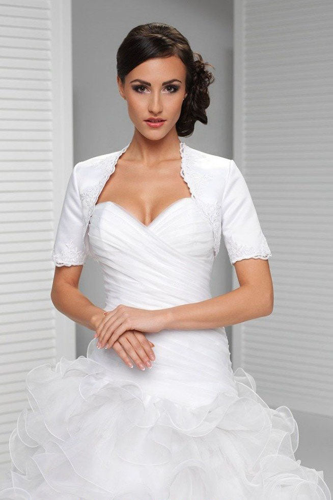 White Appliqued Short Sleeve Satin Bridal Shrug, Satin Short Sleeves Wedding Jacket 