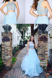 Two Pieces Blue Lace Round Neck Sleeveless A Line For Teens Prom Gown Dresses N1260