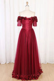 Burgundy Off Shoulder Floor Length Tulle Prom Dresses with flowers N2637