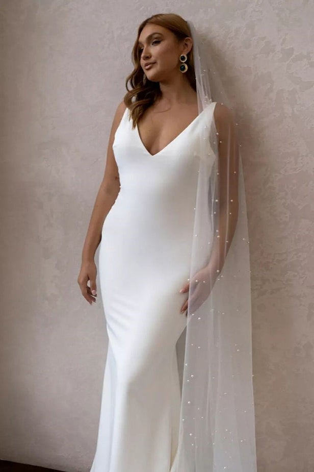 Mermaid V Neck Elastic Satin Long Wedding Dresses N054
