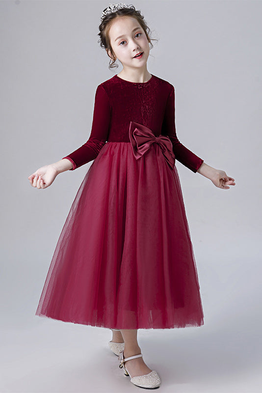 A Line Burgundy Long Sleeves Tulle Flower Girl Dress