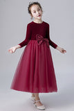 A Line Burgundy Long Sleeves Tulle Flower Girl Dress