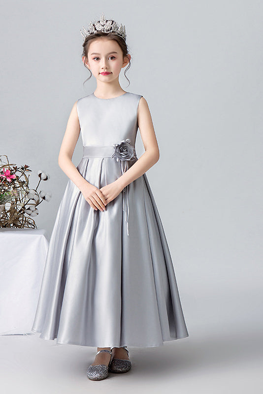 A Line Silver Sleeveless Flower Girl Dresses With Flower Belt