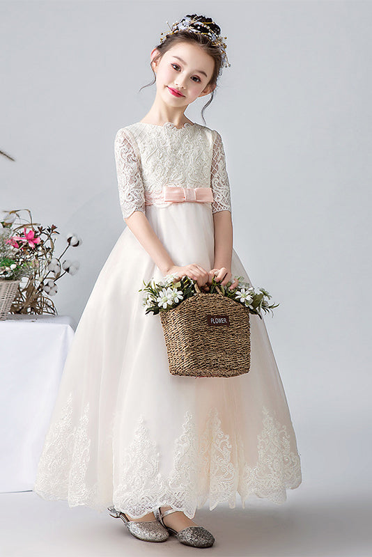 Elegant White Half Sleeves Lace Appliques Flower Girl Dresses ...