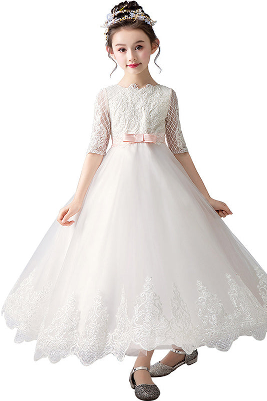 Elegant White Half Sleeves Lace Appliques Flower Girl Dresses ...