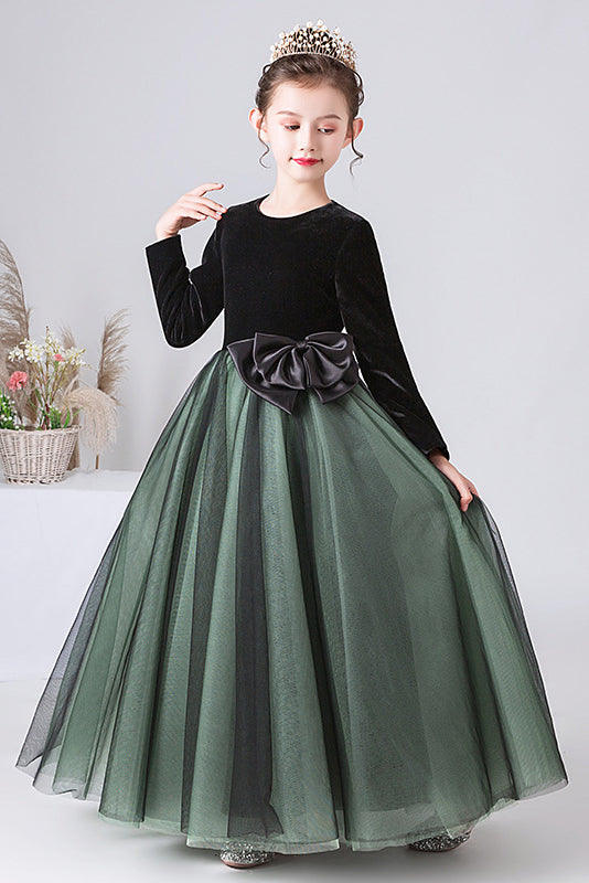 A Line Dark Green Long Sleeves Tulle Flower Girl Dress