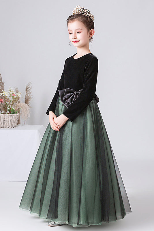 A Line Dark Green Long Sleeves Tulle Flower Girl Dress