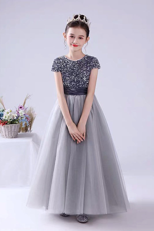 A Line Cap Sleeve Sequins Performence Dress Flower Girl Dress