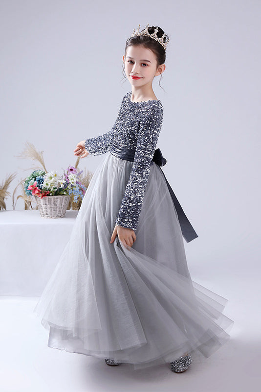Long Sleeve Sequins Floor Length Tulle Flower Girl Dresses