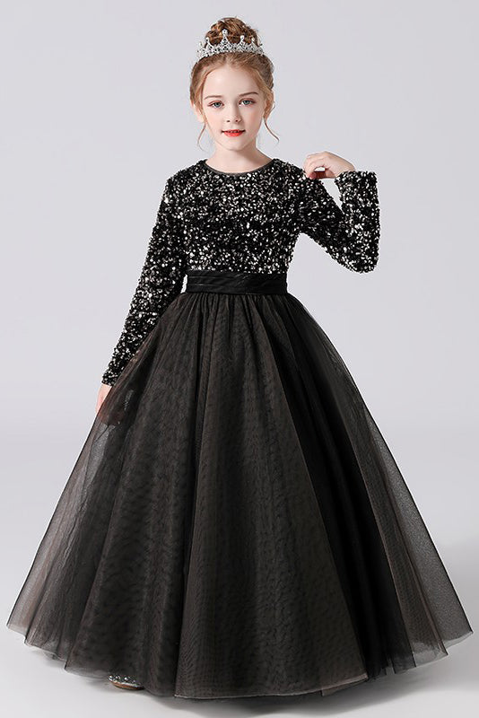 Black Tulle Long Sleeve Floor Length Flower Girl Dresses With Sequins ...