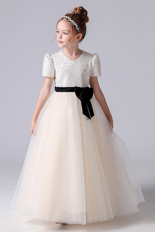 A Line Short Sleeve Tulle Beading Flower Girl Dresses With Bow