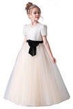 A Line Short Sleeve Tulle Beading Flower Girl Dresses With Bow
