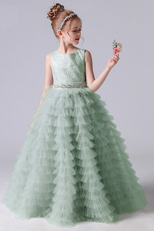 A Line Lace Tulle Princess Flower Girl Gown With Belt
