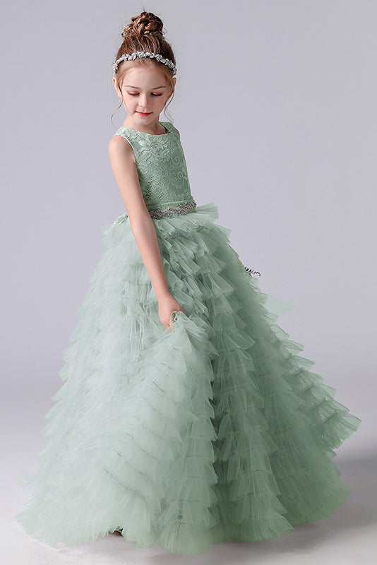 A Line Lace Tulle Princess Flower Girl Gown With Belt