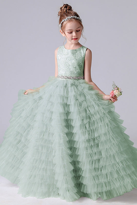 A Line Lace Tulle Princess Flower Girl Gown With Belt