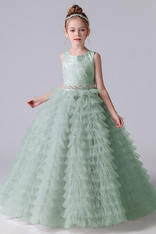 A Line Lace Tulle Princess Flower Girl Gown With Belt