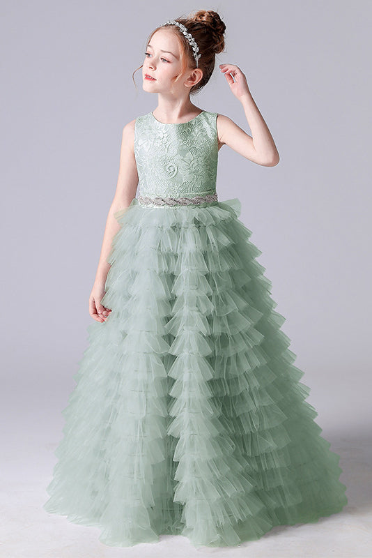 A Line Lace Tulle Princess Flower Girl Gown With Belt