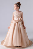 One shoulder Champagne Pleats Flower Girl Dresses With Fower Belt