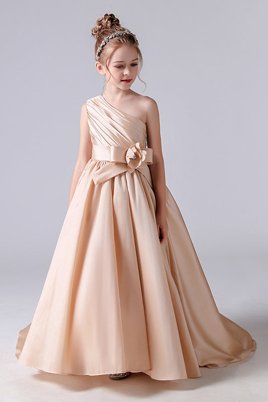 One shoulder Champagne Pleats Flower Girl Dresses With Fower Belt