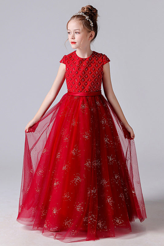 Red Beading Tulle Flower Girl Dresses With Bow Belt
