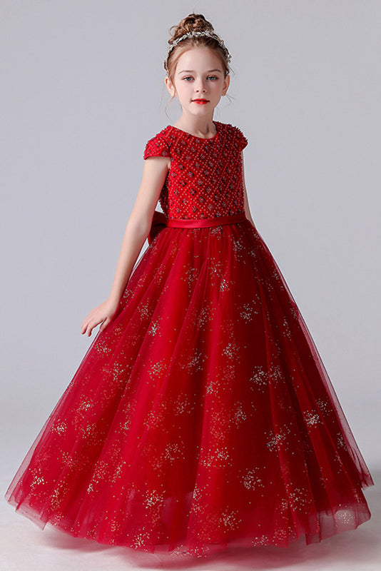 Red Beading Tulle Flower Girl Dresses With Bow Belt