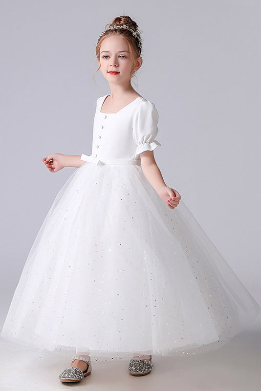 A Line White Tulle Princess Flower Girl Dresses With Blet