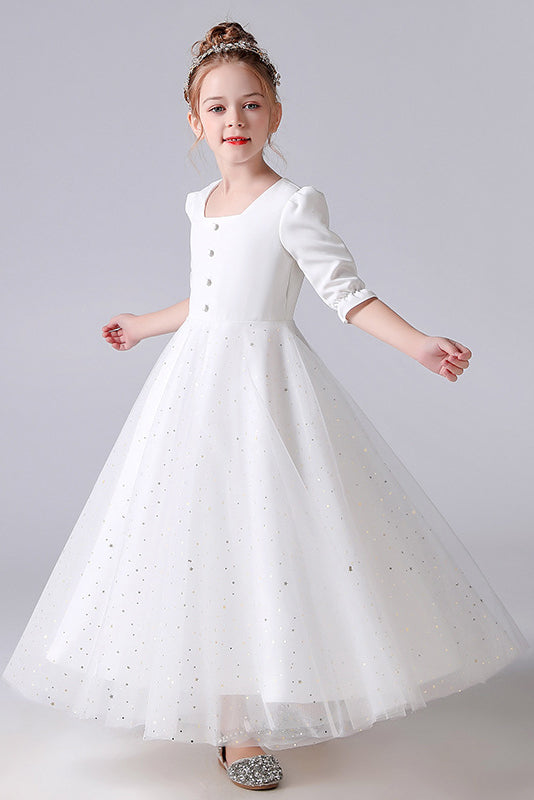 A Line Elegant White Short Sleeve Flower Girl Dress