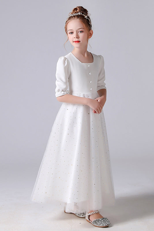 A Line Elegant White Short Sleeve Flower Girl Dress