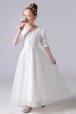 A Line Elegant White Short Sleeve Flower Girl Dress