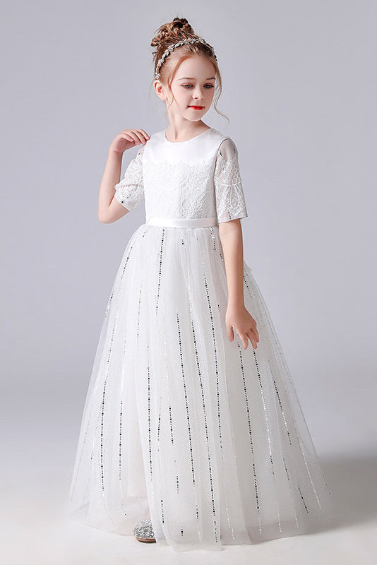 Short Sleeve tulle Princess Flower Girl Dresses With Bow Belt