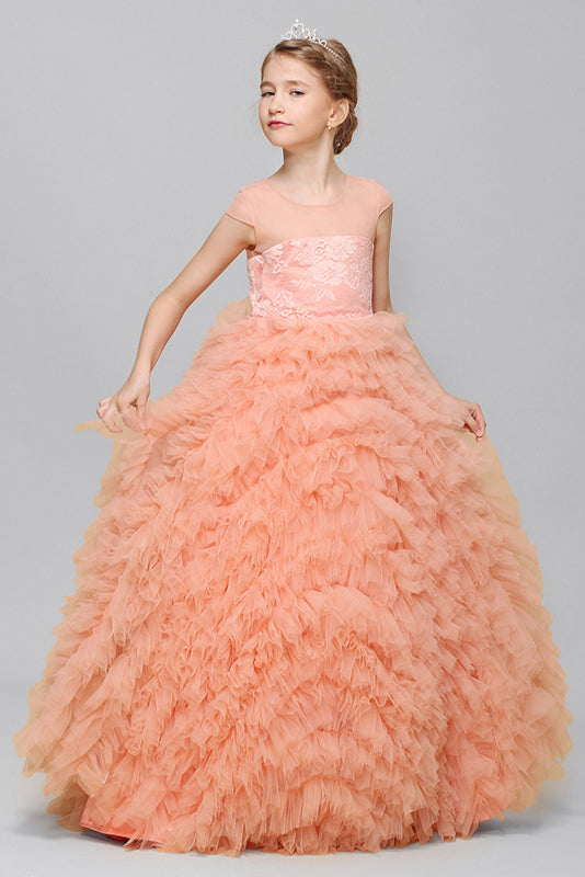 Beauty Princess Lace Cap Sleeve Tulle Flower Girl Gown
