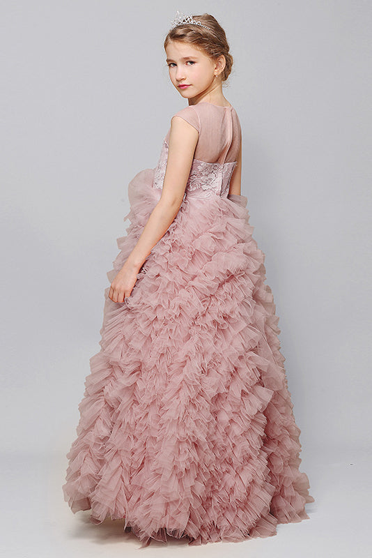 Beauty Princess Lace Cap Sleeve Tulle Flower Girl Gown