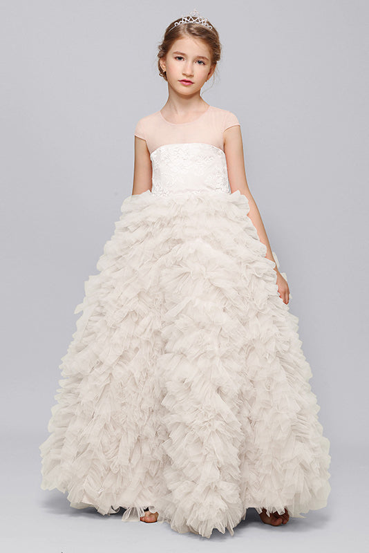 Beauty Princess Lace Cap Sleeve Tulle Flower Girl Gown