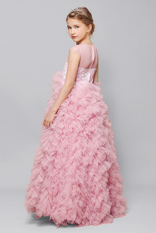 Beauty Princess Lace Cap Sleeve Tulle Flower Girl Gown