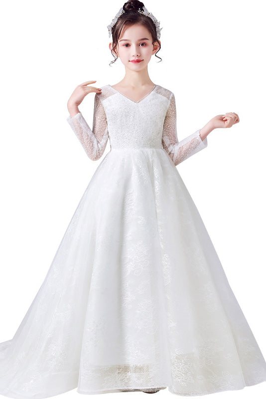 A-Line Elegant Long Sleeve Lace Flower Girl Dress With Bownet