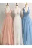 Sparkly Light Blue V-Neck Sleeveless Princess Prom Dresses