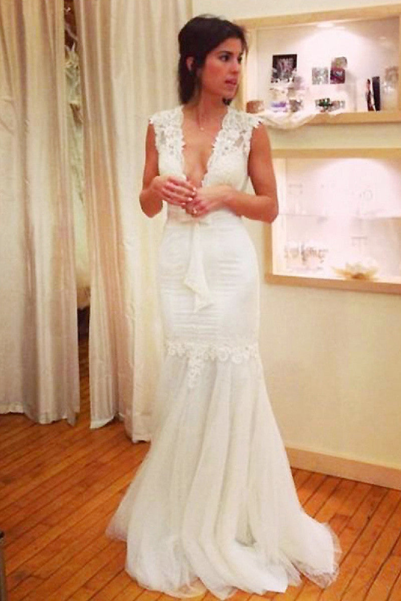 Long Applique Tulle V-neck Sleeveless Mermaid Wedding Dresses, Sexy Bridal Dress N848