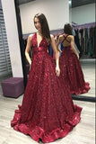 Sexy Deep V-Neck Sequined Prom Dresses with Crisscross Back Chic Evening Dresses with Ribbon N833