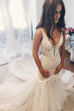 Vintage Mermaid Wedding Dresses, V Neck Backless Tulle Bridal Dress with Train N1332