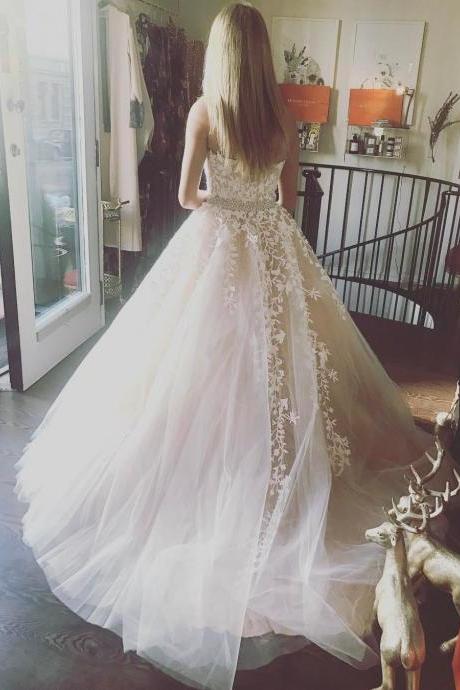 Light Champagne A-line Tulle Long Prom Dress with Appliques Wedding ...