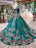 Green Ball Gown Appliqued Prom Dresses with Short Sleeves Long Quinceanera Dresses with Beading N1640