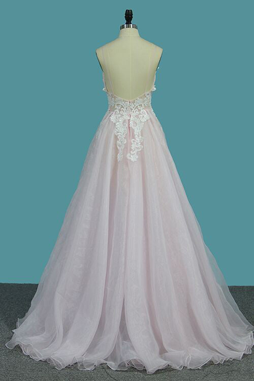 Deep V-Neck Light Pink A Line Prom Dresses Spaghetti Straps Appliques Sexy Prom Dresses N946